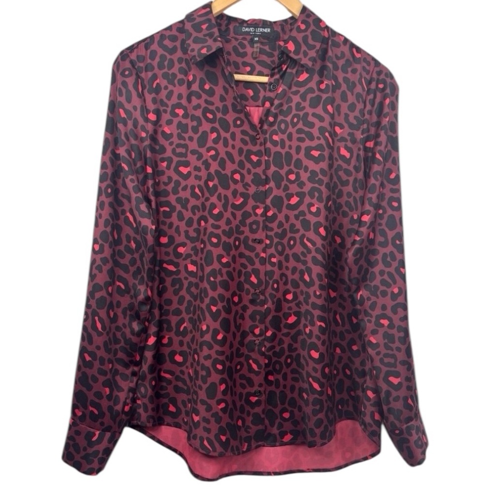 David Lerner New York Red & Black Leopard Print Full Snap Down Blouse XS